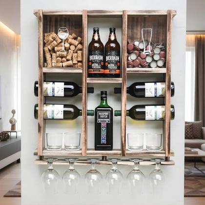 Imagem de Barzinho de Parede Adega de Madeira para 7 Garrafas com Porta Rolhas Tampinhas e Taças cor Rustica