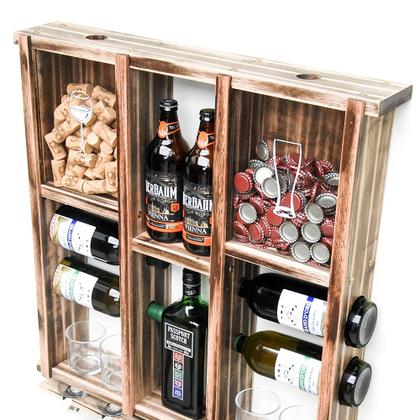 Imagem de Barzinho de Parede Adega de Madeira para 7 Garrafas com Porta Rolhas Tampinhas e Taças cor Rustica