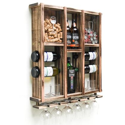Imagem de Barzinho de Parede Adega de Madeira para 7 Garrafas com Porta Rolhas Tampinhas e Taças cor Rustica