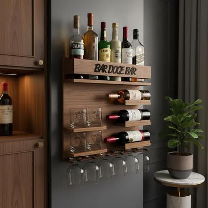 Imagem de Barzinho Para Sala com adega para vinho e porta copos Decoração para casa tema Bar Doce Bar cor Amadeirado