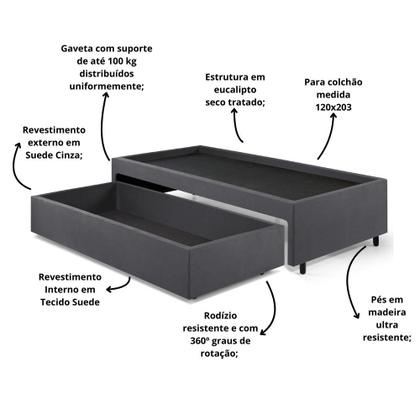 Imagem de Base Box Cama Viúva com Gaveta Sapateira para colchão 120x203 cm Suede Cinza