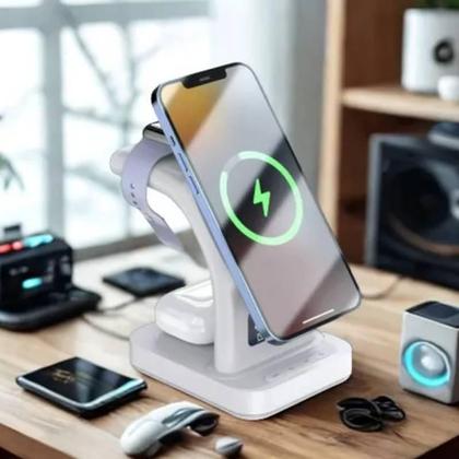 Imagem de Base Carregador Sem Fio 5 Em 1 Indução Relógio Luz Noturna