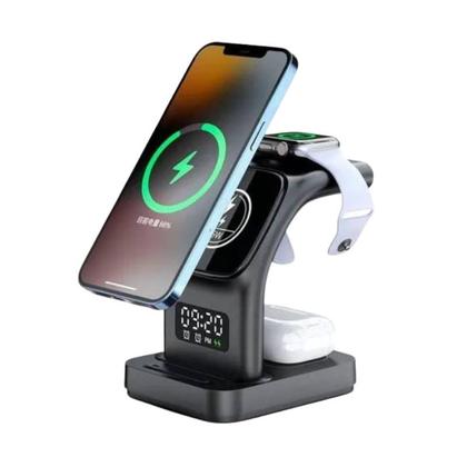 Imagem de Base Carregador Sem Fio por Indução Relógio Celular Fone Luz Noturna Led Ajustável Relógio Digital Frontal