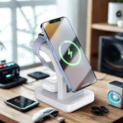 Imagem de Base Carregador Sem Fio por Indução Relógio Celular Fone Luz Noturna Led Ajustável Relógio Digital Frontal