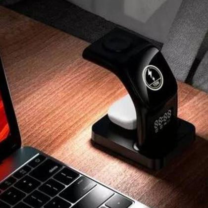 Imagem de Base Carregador Sem Fio por Indução Relógio Celular Fone Luz Noturna Led Ajustável Relógio Digital Frontal