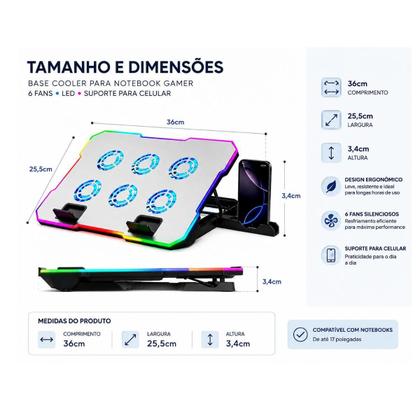 Imagem de Base Refrigeradora Cooler Notebook Gamer RGB 6 Fans Ultra Silenciosos Led Suporte Celular Ajustável