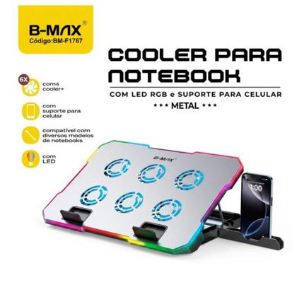 Imagem de Base Refrigeradora Cooler Notebook Gamer RGB 6 Fans Ultra Silenciosos Led Suporte Celular Ajustável