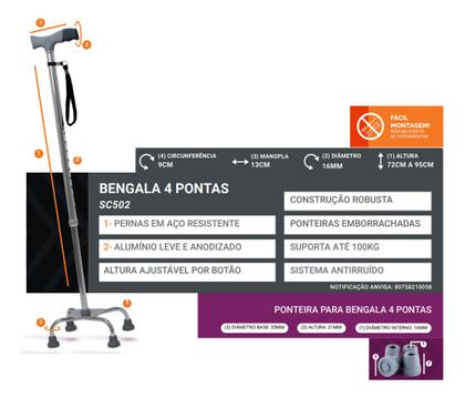 Imagem de Bastão Bengala Ortopédico 4 Pontas Apoio Alumínio Hidrolight