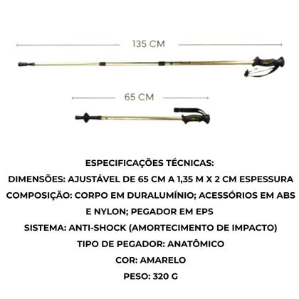 Imagem de Bastão de Caminhada Alumínio AntiShock Ajustável 65cm a 1,35m Amarelo