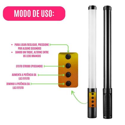 Imagem de Bastão De Luz Profissional  Led Recarregável Foto Celular Flash Filmagem Branco Amarelo Estúdio Intensa Portátil
