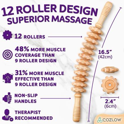 Imagem de Bastão de massagem COZLOW de madeira com 12 rolos Schima Superba