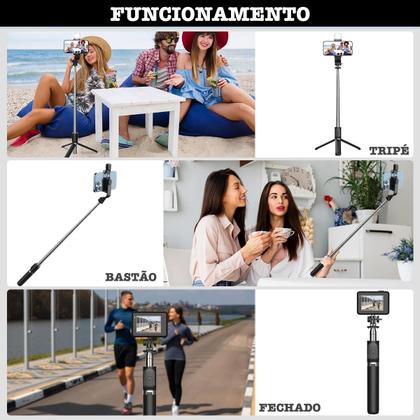 Imagem de Bastão Pau Selfie Tripé Controle Bluetooth C/ Luz Led 70cm