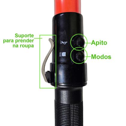 Imagem de Bastao Sinalizador Viario Kit 2 Uni Apito LED Pilha Sinalizador Transito Emergencia Obra Frentista Guarda Manobrista