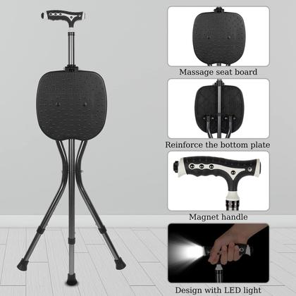 Imagem de Bastões dobráveis Yayayo Hold de 440 libras com assento, bengala, ajuste de altura, capacidade do assento de bengala, alça fosca com terapia magnética, muletas de pedra, banquinho (LED quadrado)