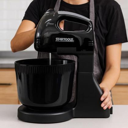 Imagem de Batedeira Elétrica Balde Misturar Batedor Massa Bolo Chantilly Receitas Preta Recheio Mexedor