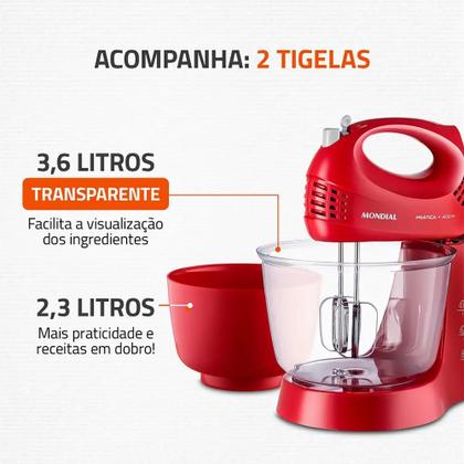 Imagem de Batedeira Prática B-45-R 400W Vermelha com 2 Tigelas Mondial