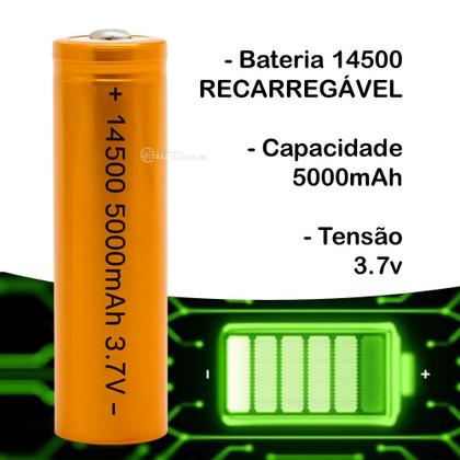 Imagem de Bateria 14500 3.7V Lítio Recarregável, Uso em Lanternas e Equipamentos Eletrônicos BAT145005000MAH