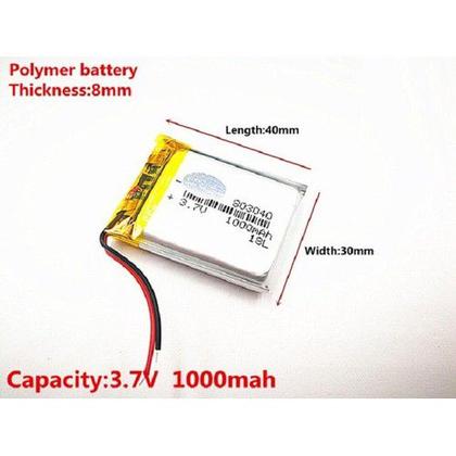 Imagem de Bateria 3,7v 1000mah  8mm X 30mm X 40mm 803040 2 Fios