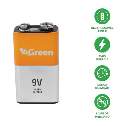 Imagem de Bateria 9 Volts 500 Ma Recarregável Tipo C Direto Na Bateria