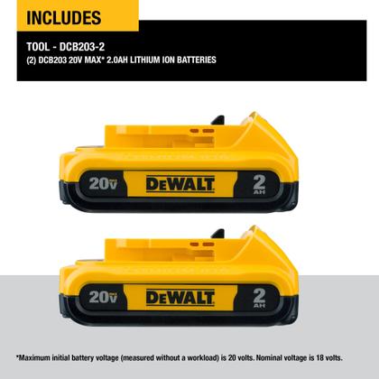 Imagem de Bateria DeWalt 20V Max Compact 2.0Ah - Pacote Duplo (DCB203-2)
