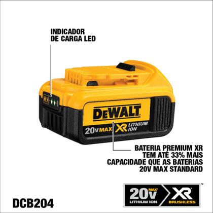 Imagem de Bateria DeWalt DCB204 4Ah 20V  Carregamento Rápido e Sem Efeito Memória
