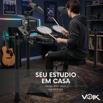 Imagem de Bateria Eletrônica Voik BOOST700 MIDI USB Pad Mesh 8 Peças 15 Kits Caixa Dual Zone Kick Pad Baqueta Profissional Cor Preto Bivolt 110v 220v