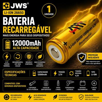 Imagem de Bateria Liion 26650 12000mAh Recarregável 3,7V Alta Capacidade Compatível JYX JWS HY