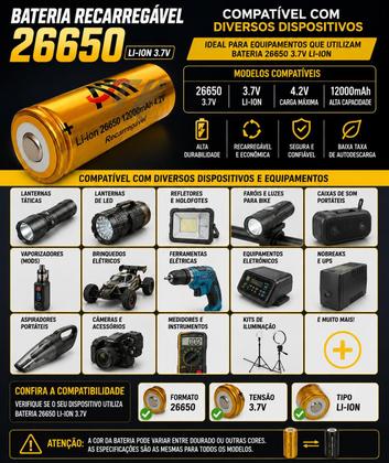 Imagem de Bateria Liion 26650 12000mAh Recarregável 3,7V Alta Capacidade Compatível JYX JWS HY