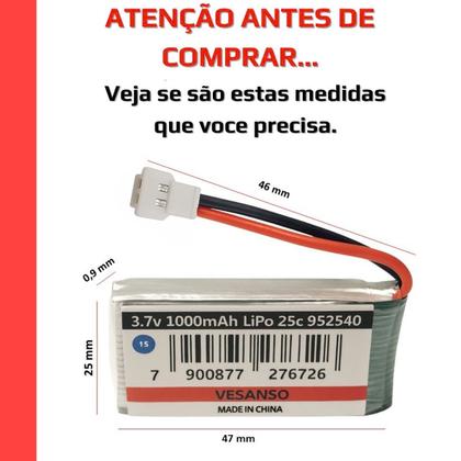 Imagem de Bateria LiPo 3.7V 1000mAh 25C 1S 952540 Recarregável Conector 2 Pinos