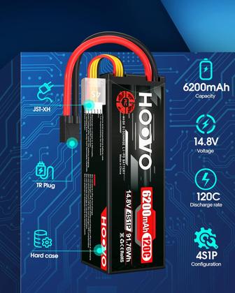 Imagem de Bateria Lipo HOOVO 4S 14,8 V 6200 mAh 120 C com plugue TR, pacote com 2 unidades