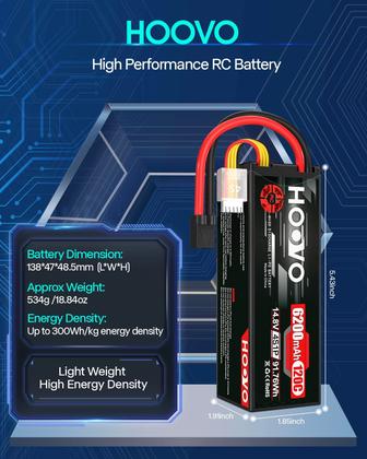Imagem de Bateria Lipo HOOVO 4S 14,8 V 6200 mAh 120 C com plugue TR, pacote com 2 unidades