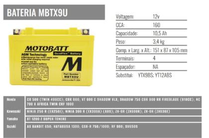 Imagem de Bateria Motobatt Mbtx9u Ytz14s Honda Shadow 750 + Nf-e