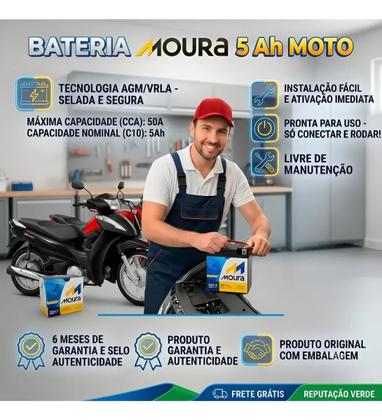 Imagem de Bateria Moura 5 AH MOTO CG Titan Fan Biz Bros Fazer 125 150 160 Flex Xre NOVA SEM TROCA