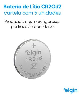 Imagem de Bateria Pilha Botão Elgin CR2032 3V Lítio Cartela com 5 Unidades Alta Durabilidade Para Relógios Controles Placa Mãe Calculadoras