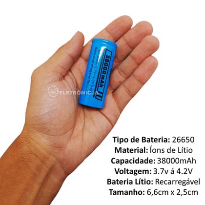 Imagem de Bateria Recarregável Li-Ion 26650 Potencia 38000mAh 3.7V Para Lanternas DY2665038000