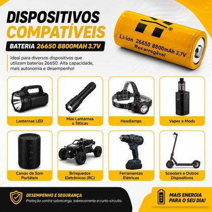 Imagem de Bateria Recarregável LiIon 26650 8800mAh 3.7V Alta Capacidade 1 Unidade