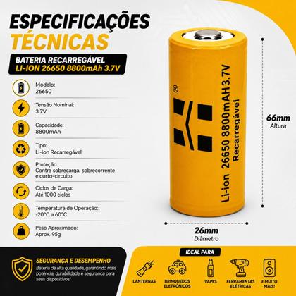 Imagem de Bateria Recarregável LiIon 26650 8800mAh 3.7V Alta Capacidade 1 Unidade