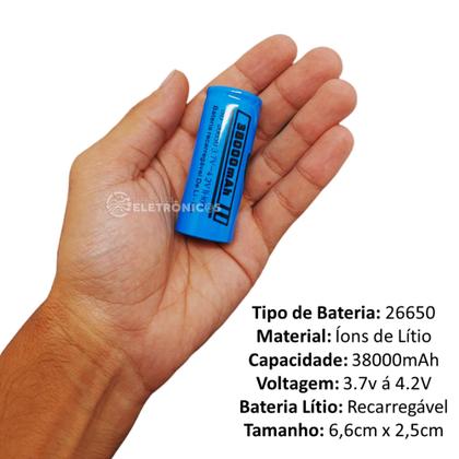 Bateria Recarregável Lítio 26650 Potencia 38000mAh 3.7V Para Lanterna Rádio DY2665038000 - Dylan Imagem de Bateria Recarregável Lítio 26650 Potencia 38000mAh 3.7V Para Lanterna Rádio DY2665038000