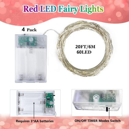 Imagem de Bateria String Lights BOSSERN, pacote com 4, 6 m, vermelha e verde, à prova d'água