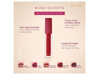 Imagem de Batom Líquido Aveludado Eudora Niina Secrets Skinny Matte Vermelho Hibisco Longa duração 5ml