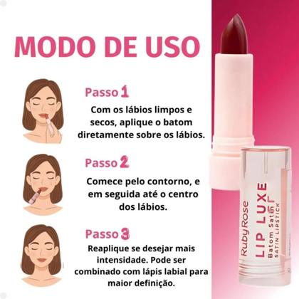 Imagem de Batom Satin Ruby Rose Lip Luxe  Cores LL50 LL60 LL70 LL80  Cremoso Acetinado