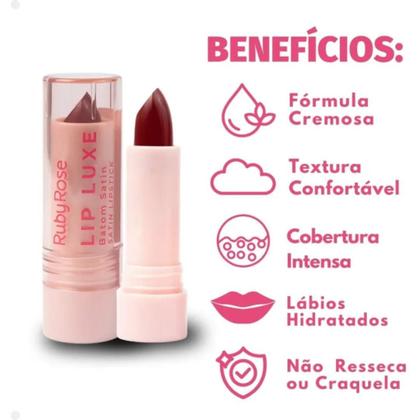 Imagem de Batom Satin Ruby Rose Lip Luxe  Cores LL50 LL60 LL70 LL80  Cremoso Acetinado