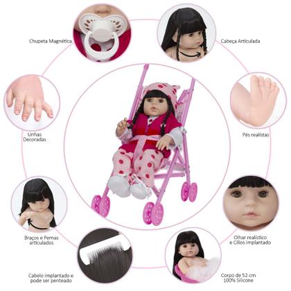 Imagem de Bebe Estilo Reborn Morena Vinil Girafa Com Carrinho Infantil