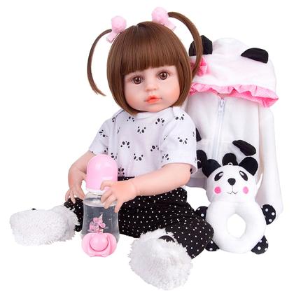 Imagem de Bebê Reborn Boneca Corpo de silicone Pode Dar Banho 48cm Menina Panda Conjunto de Roupa Chupeta Mamadeira e Pelúcia Brastoy