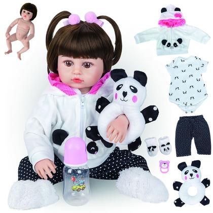 Imagem de Bebê Reborn Boneca Corpo de silicone Pode Dar Banho 48cm Menina Panda Conjunto de Roupa Chupeta Mamadeira e Pelúcia Brastoy