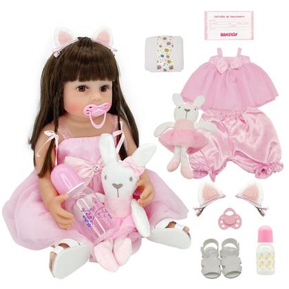 Imagem de Bebê Reborn Boneca Realista Brastoy Corpo Silicone Pode Dar Banho C/ Acessórios e Pelúcia 100% Silicone