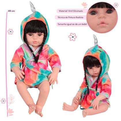 Imagem de Bebê Reborn Boneca Realista Morena Unicórnio Pelúcia Bolsa