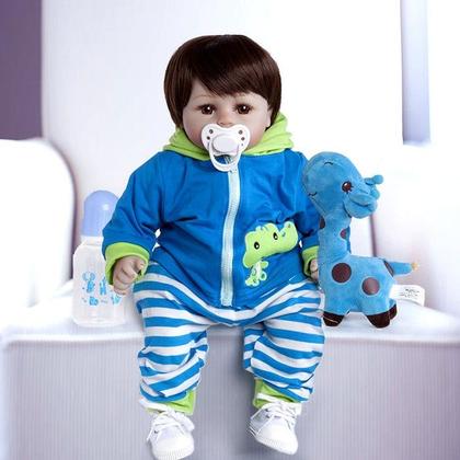 Imagem de Bebê Reborn Boneco Menino Girafa Realista Brastoy Corpo Silicone Pode Dar Banho Acessórios Completo