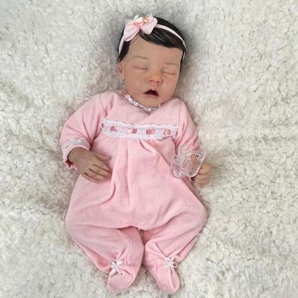 Imagem de Bebê Reborn Menina Dormindo Kit Twin A Realista Corpo de Pano Cabelo Fio a Fio 42cm Enxoval ENTREGA IMEDIATA