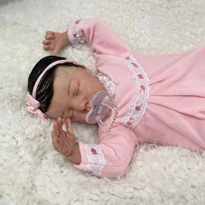 Imagem de Bebê Reborn Menina Dormindo Kit Twin A Realista Corpo de Pano Cabelo Fio a Fio 42cm Enxoval ENTREGA IMEDIATA